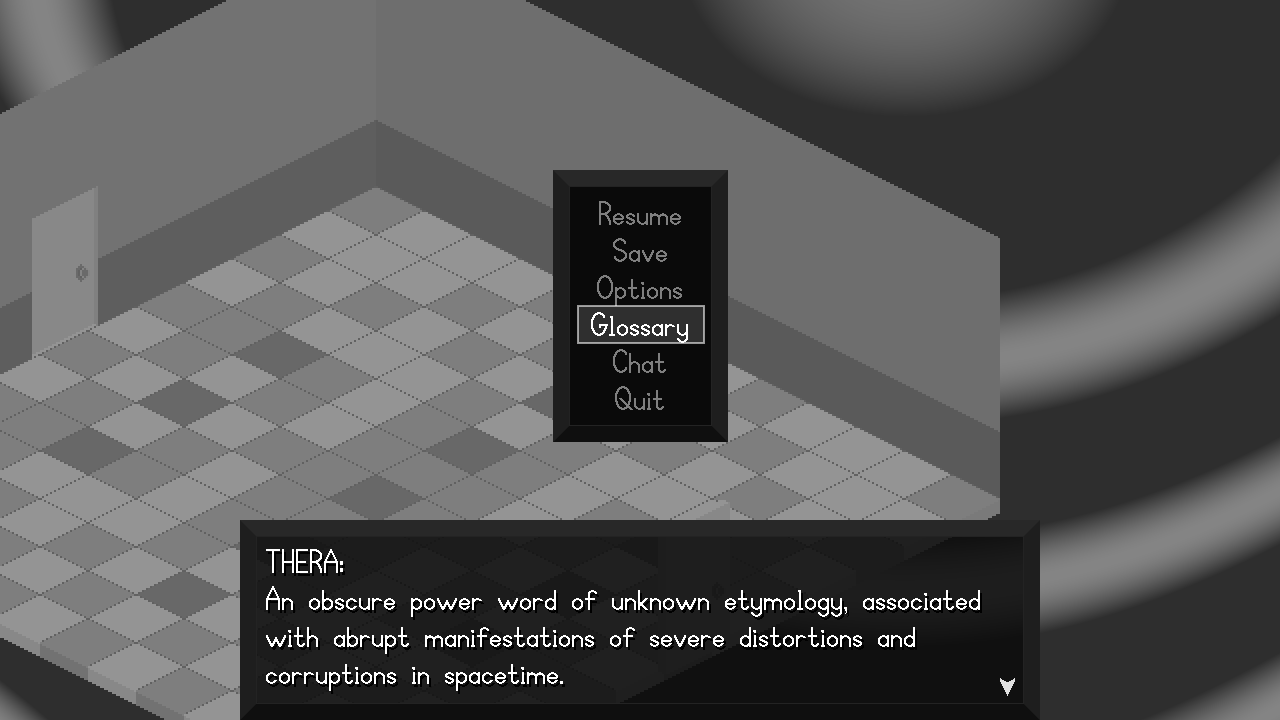 A screenshot from Permanence showing the in-game glossary entry for the term THERA.
