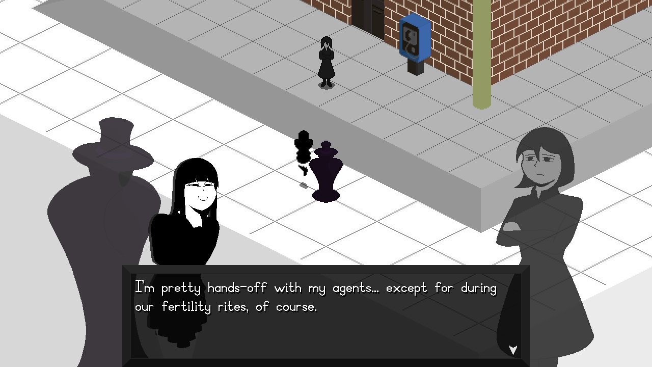 A screenshot from Permanence wherein Charlotte is talking to Rook and Umbra about how she treats her agents.